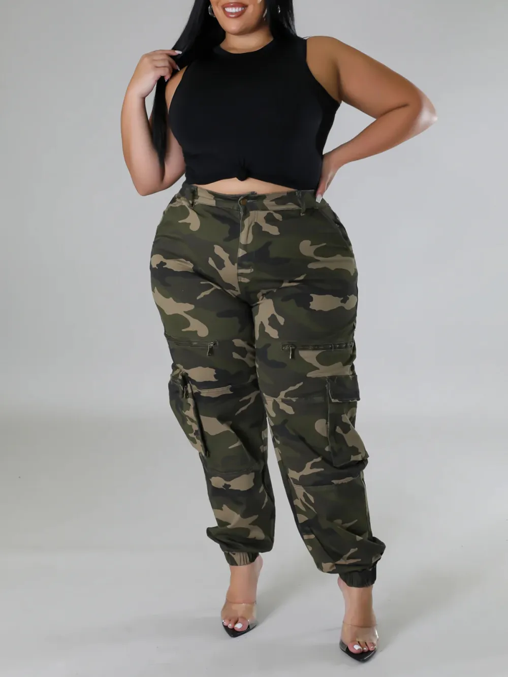 Plus-Size Fashion Women'S Camouflage Pants With Zipper