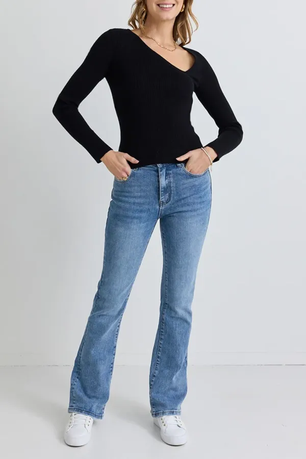 Rift Black LS Slash Neck Rib Knit Top