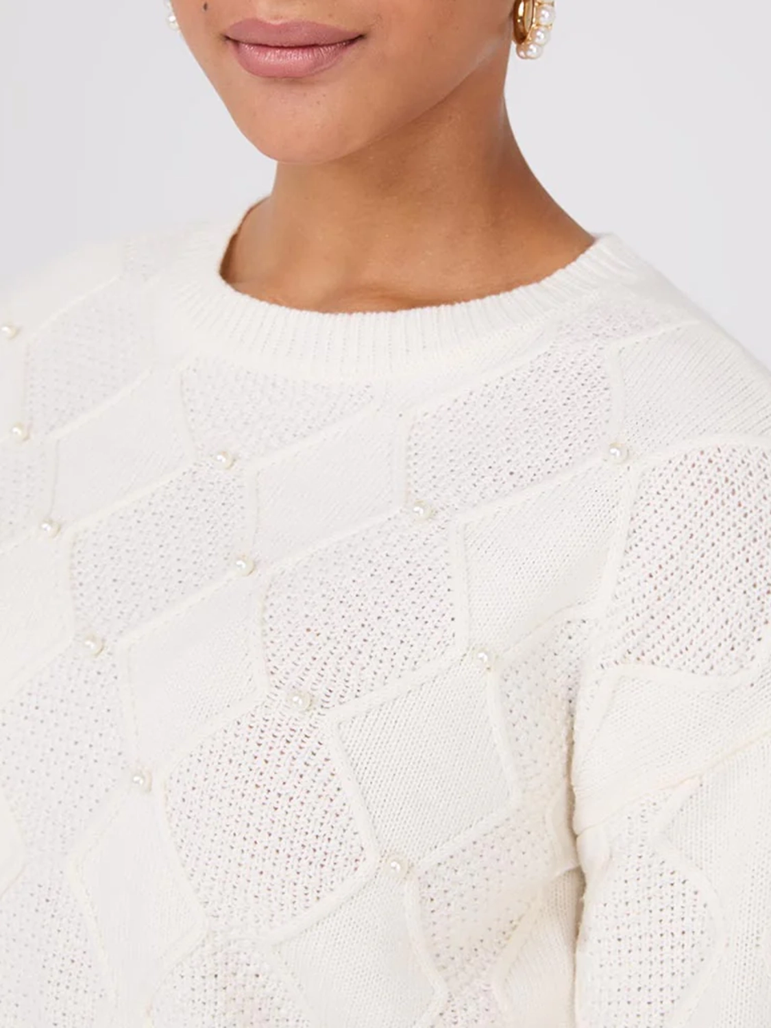 Pearl Embellished Diamond Cable Sweater