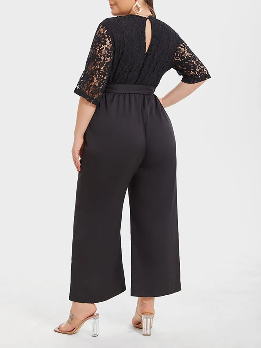 Contrast Lace Pocket Belted Jumpsuit