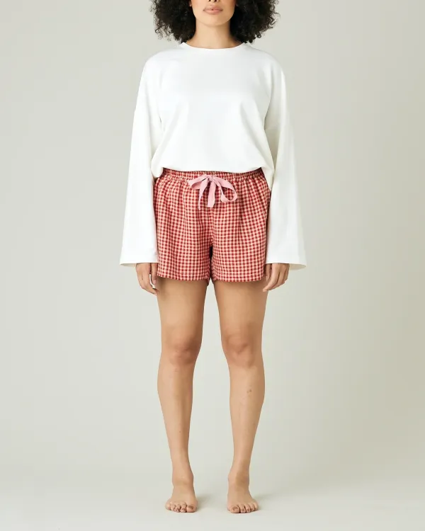 RED MICRO GINGHAM LINEN SHORT