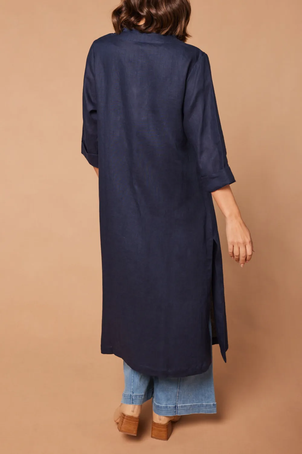 Long Line Fringed Linen Duster Jacket In Navy