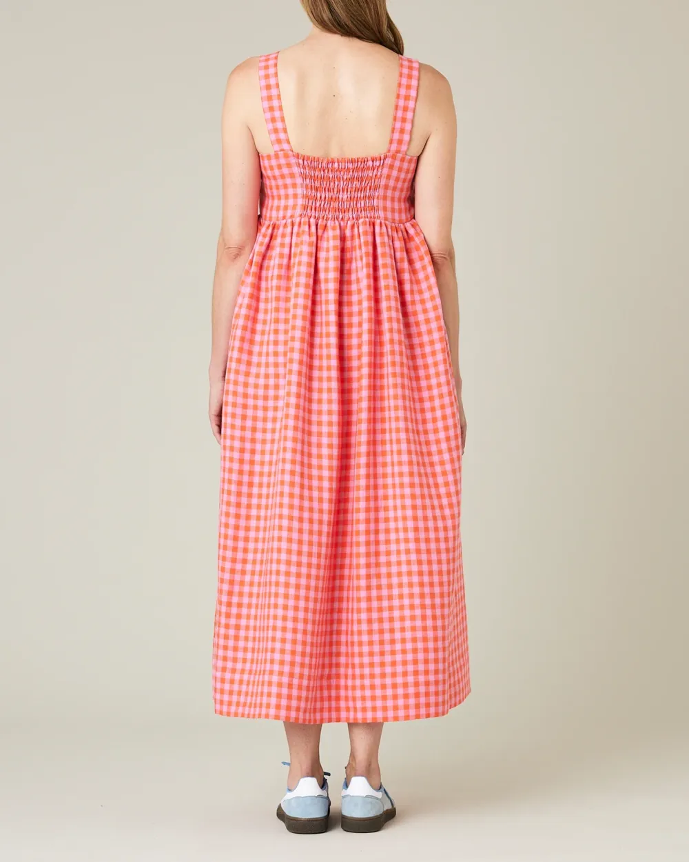 TOMATO & PINK CHECK LINEN DRESS