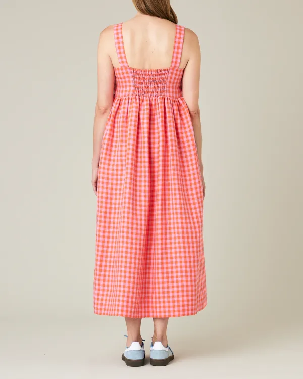 TOMATO & PINK CHECK LINEN DRESS