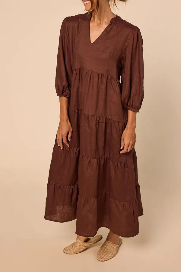 Sabre Linen V-Neck Dress in Raisin