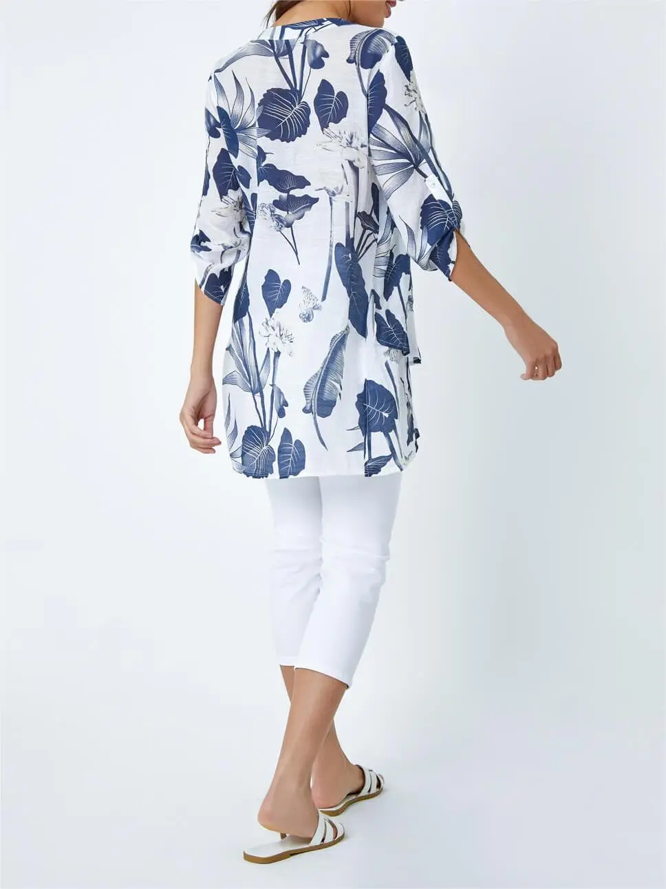 Navy Palm Print V-Neck Wrap Hem Tunic Top