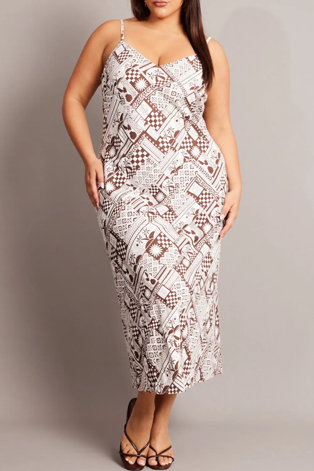 Brown Abstract Midi Dress Sleeveless Slip