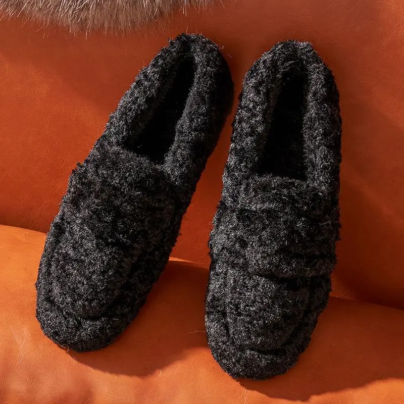 Winter Warm  Flock Flat Shoes Casual Loafers Slip on Furry Outer Wearing Flats Loafers Fluffy Flat Mules Warm