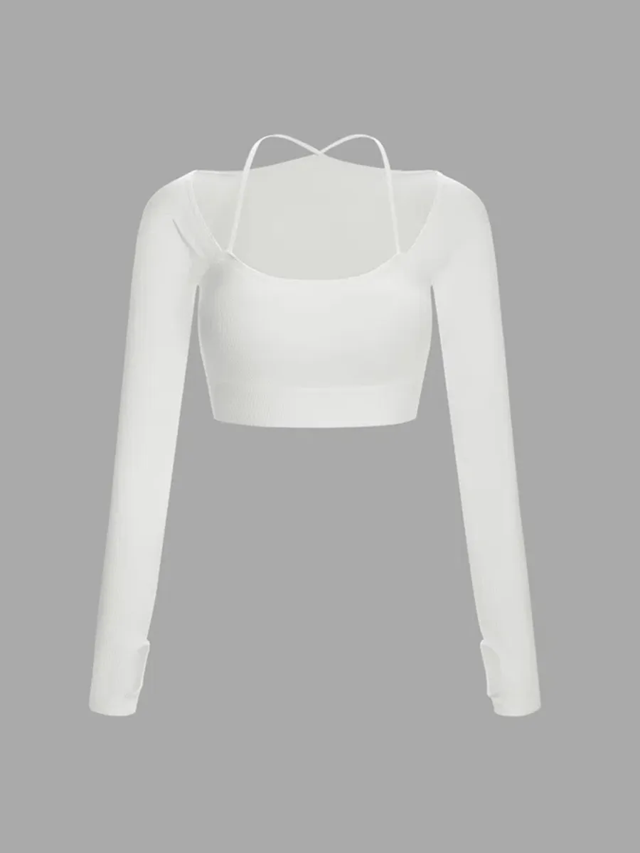 Ribbed Halter Strap Thumb Hole Cropped Yoga Sports Top