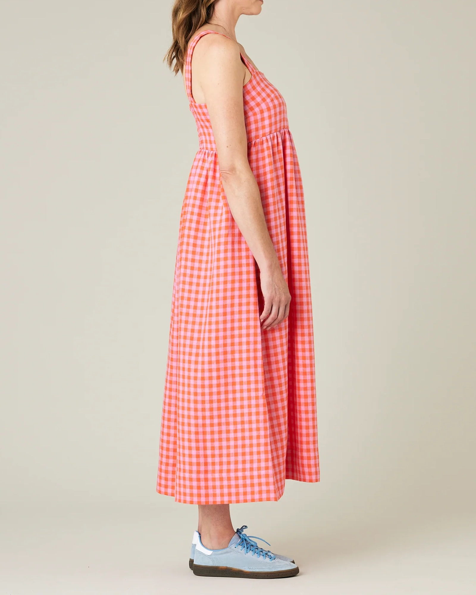 TOMATO & PINK CHECK LINEN DRESS