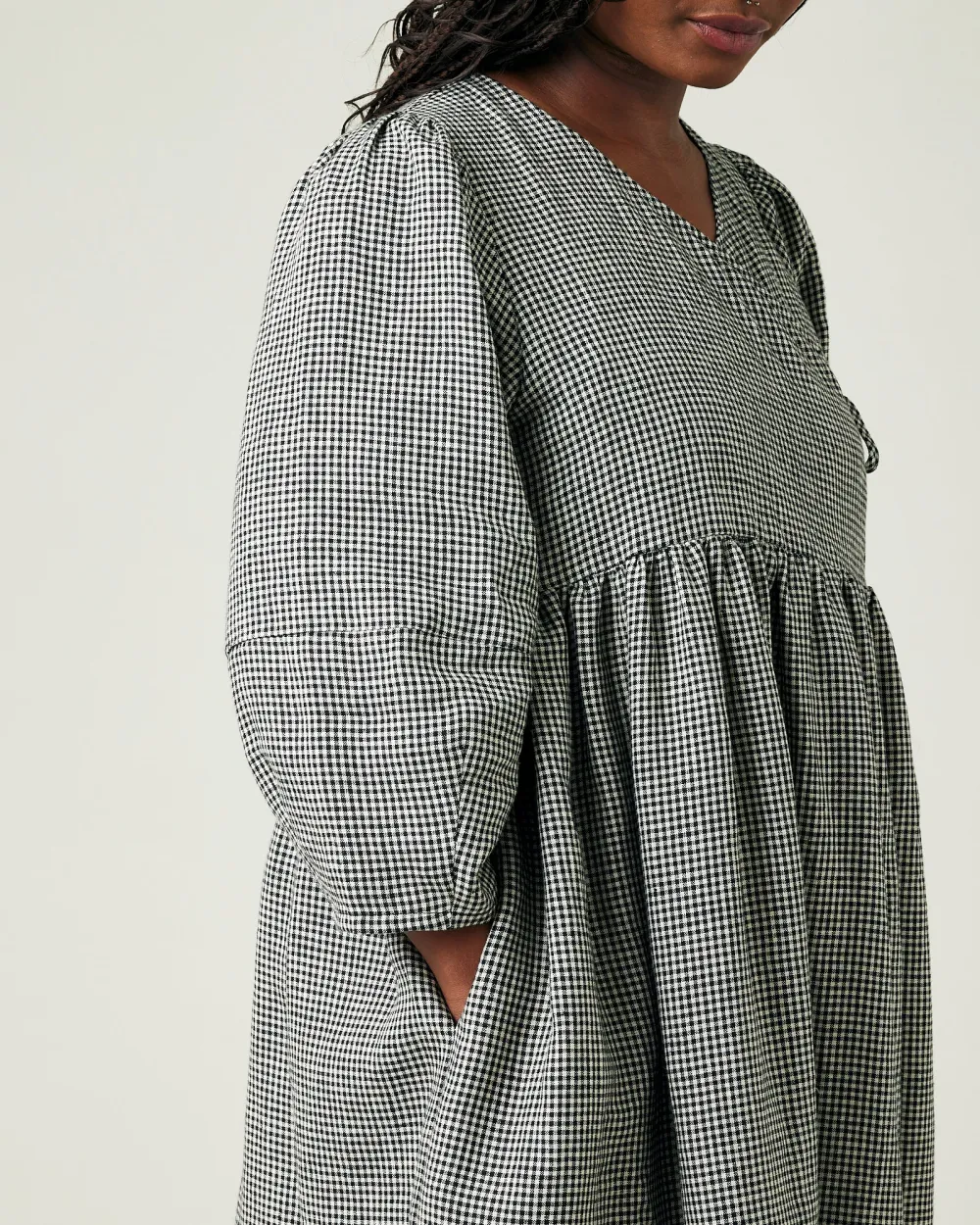 BLACK & STONE MICRO GINGHAM LINEN DRESS