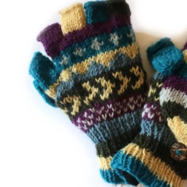 winter stripe fingerless gloves with mitten flap