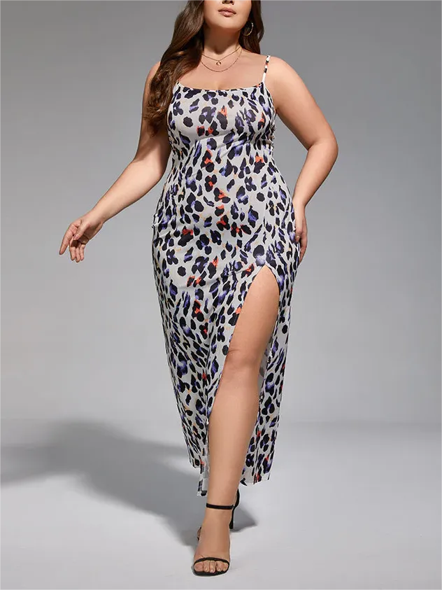 Plus Leopard Print Side Split Maxi Dress