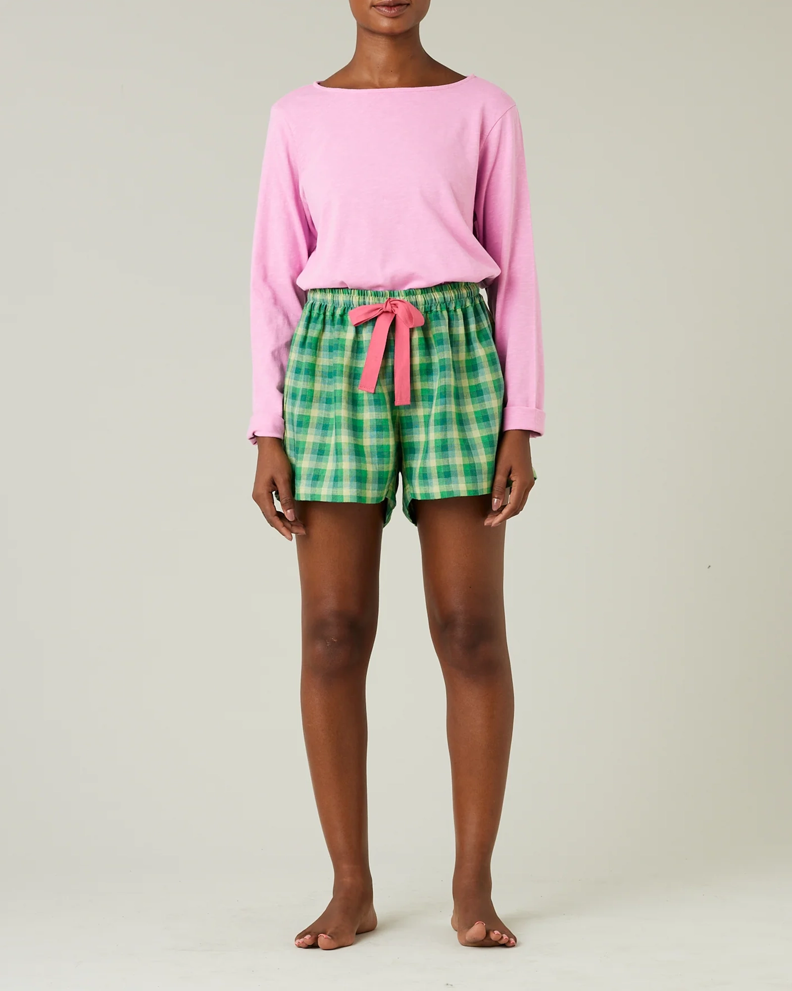 GREEN MULTI CHECK LINEN SHORT