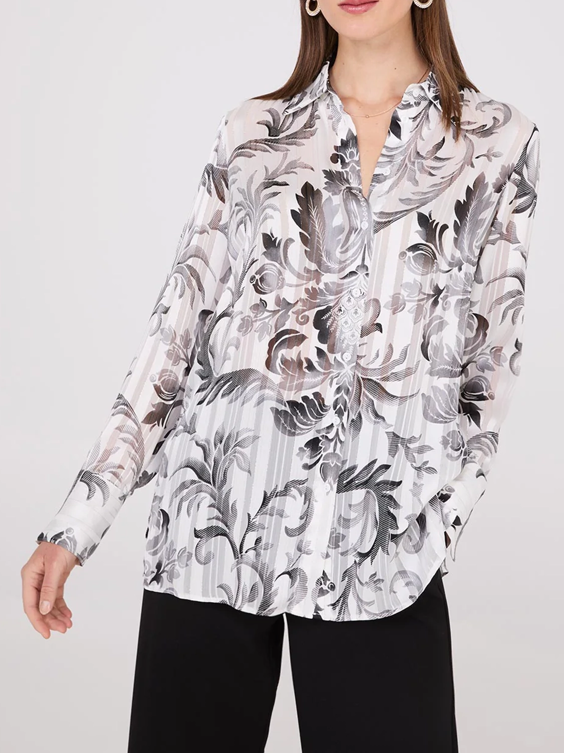 Floral Print Metallic Shadow Stripe Chiffon Blouse