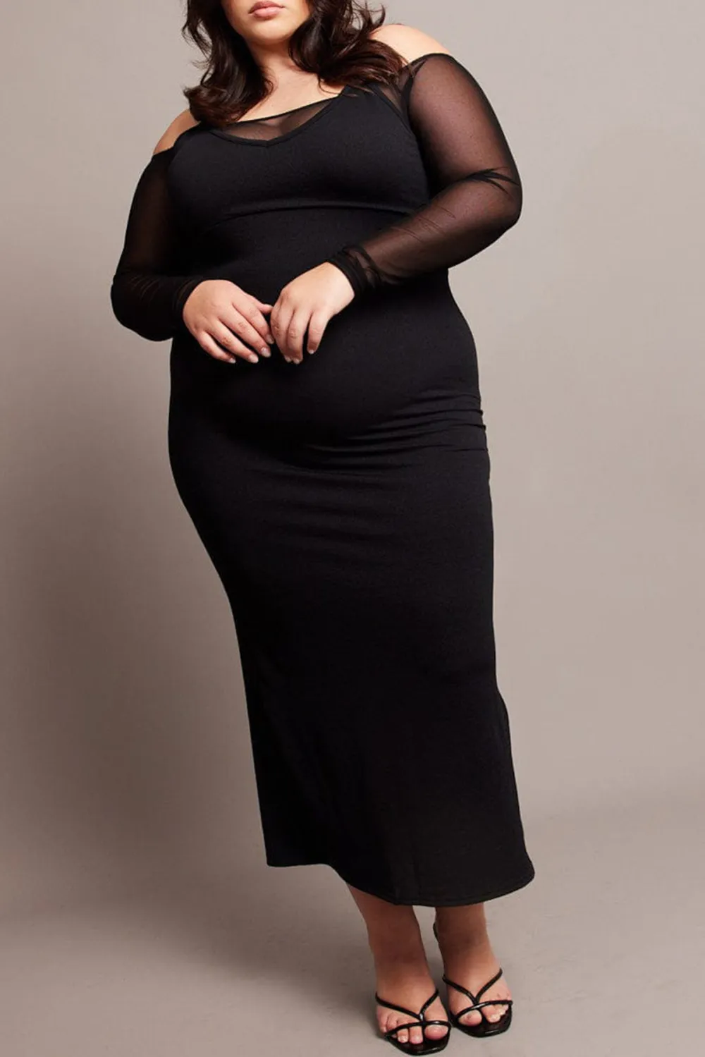 Black Cold Shoulder Bodycon Maxidress With Mesh Sleeves