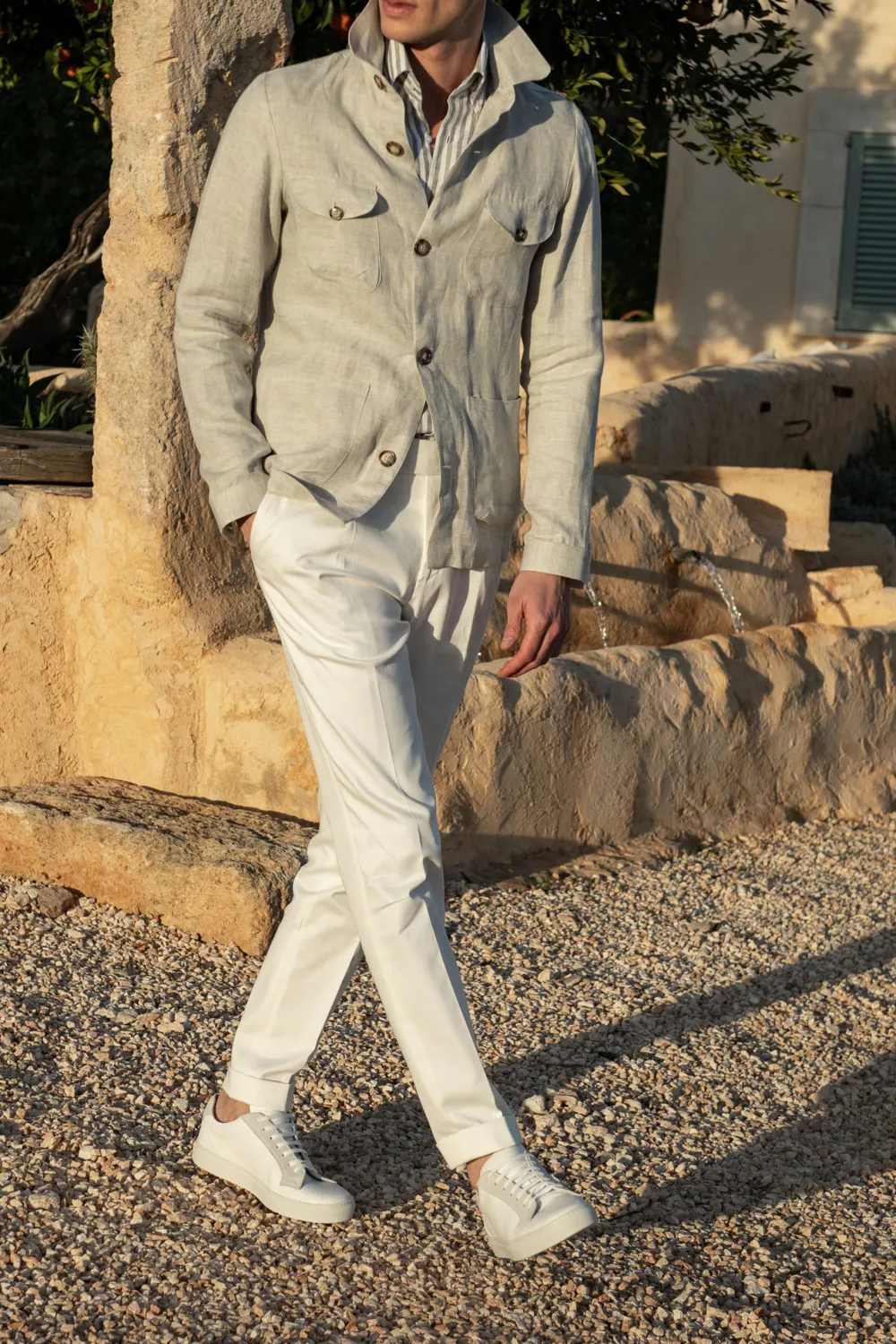 Stone Herringbone Linen Safari Jacket