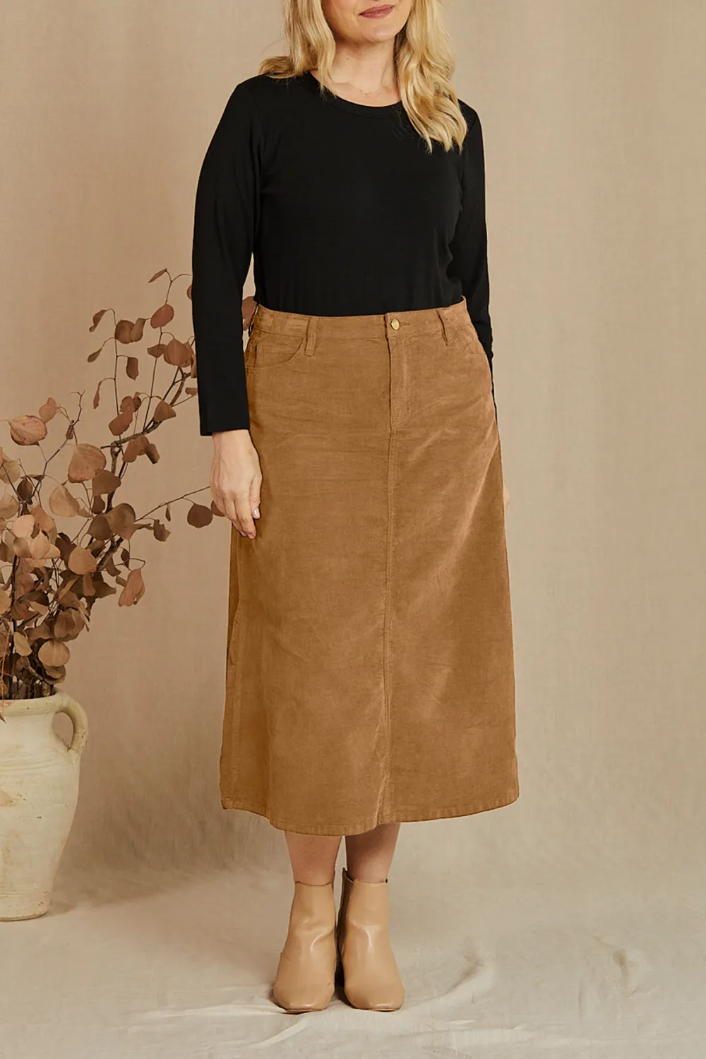 Adrift A-Line Brushed Cotton Skirt in Camel