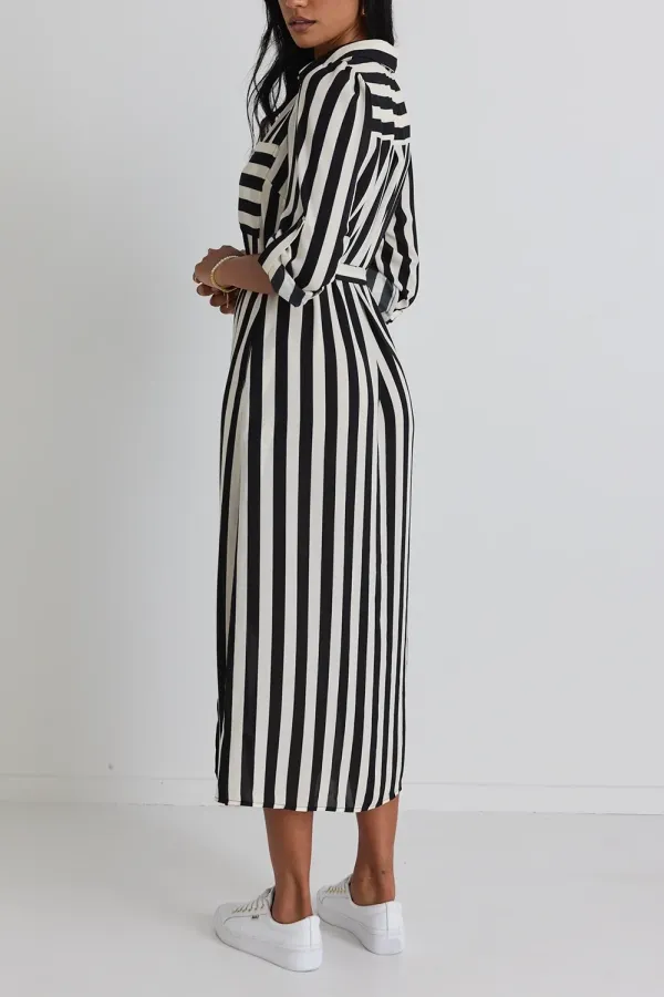 Cyprus Black And White Stripe LS Shirt Midi Dress