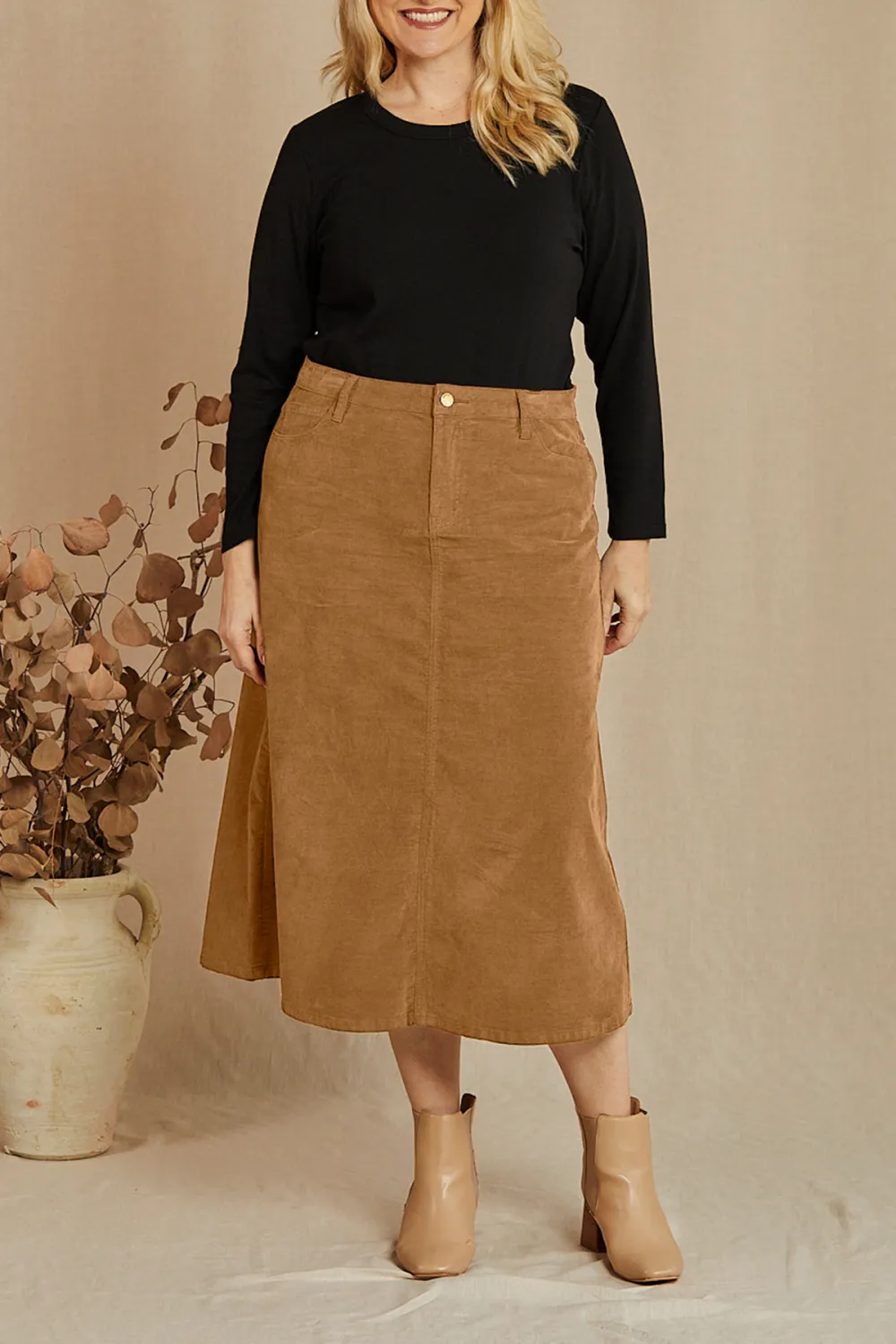 Adrift A-Line Brushed Cotton Skirt in Camel