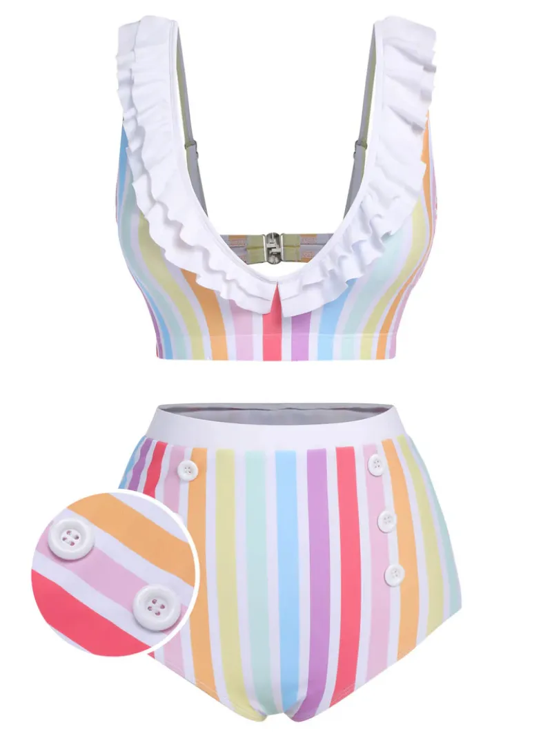 MULTICOLOR 1950S RAINBOW STRIPES SWIMSUIT