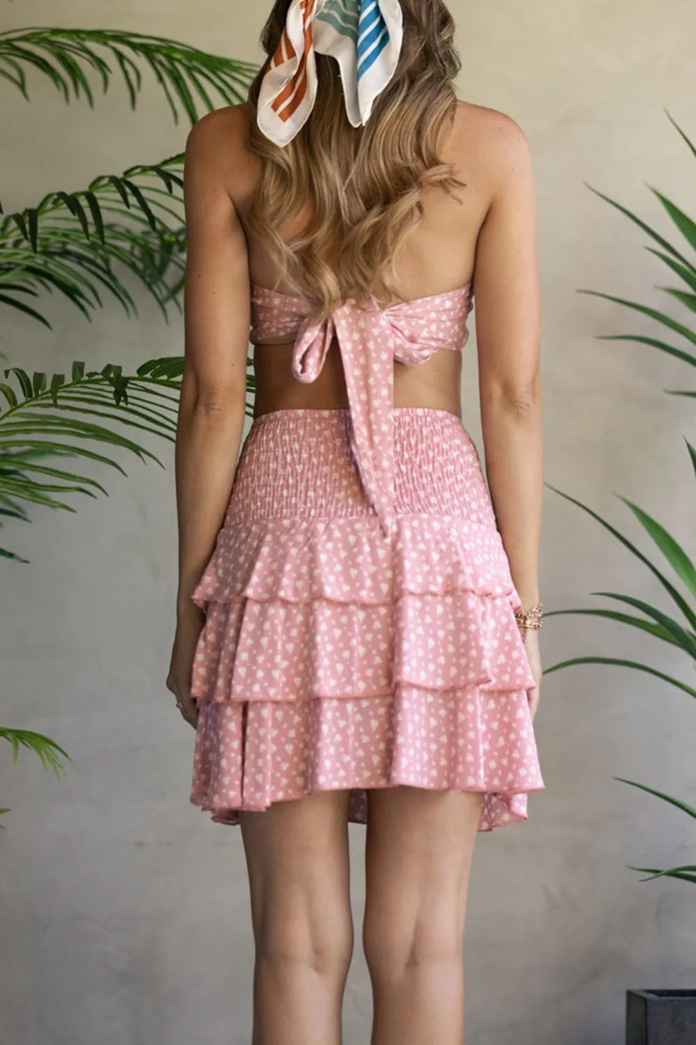 MUAVE FLORAL HALTER CROP TOP AND RUFFLED SKIRT