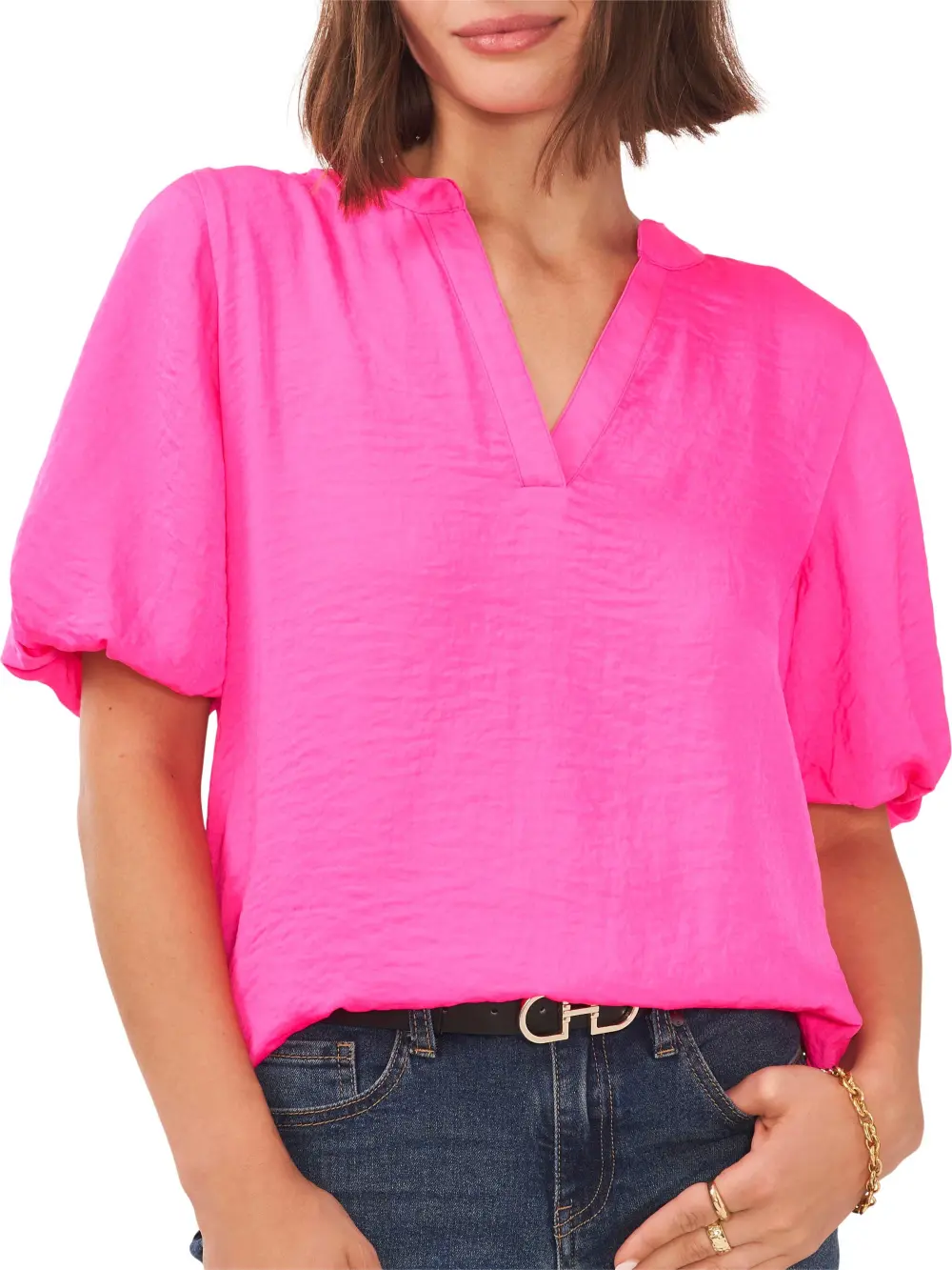 Hammered Satin Puff Sleeve Top