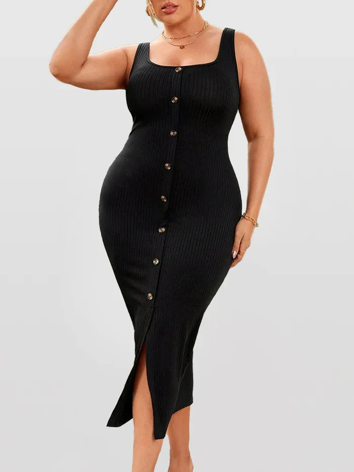 Plus Size Solid Square Neck Button Front Slit Bodycon Dress