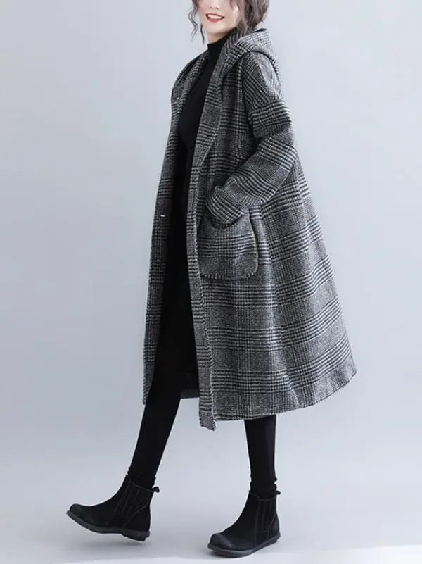 Loose Plaid Woolen Hood Coat