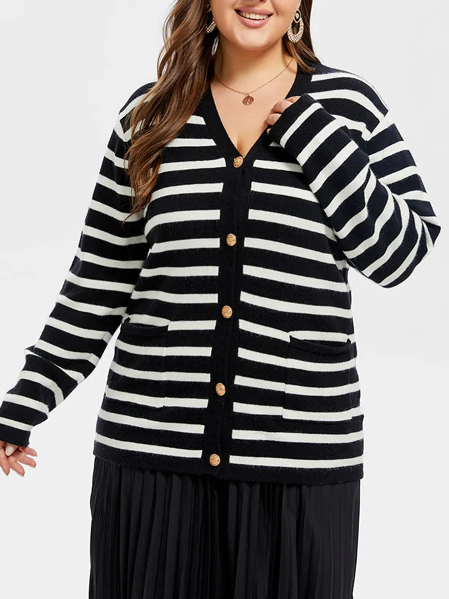 Striped Pattern Double Pocket Button Front Tunic Cardigan