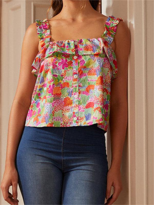 Floral Square Neck Crop Tank Top