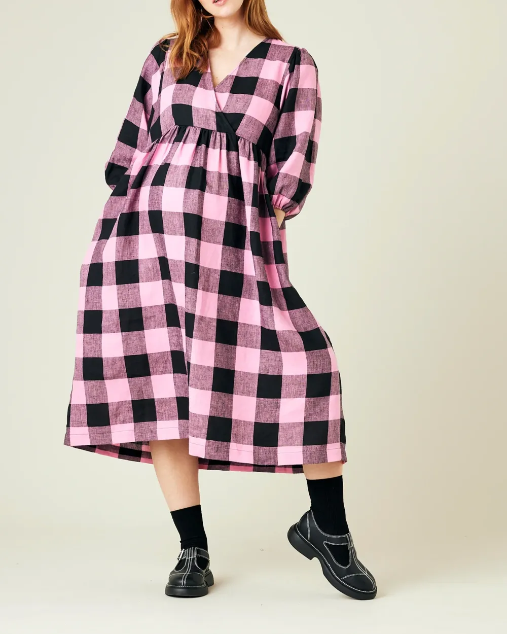 ABBIE PINK & BLACK MEGA CHECK LINEN DRESS