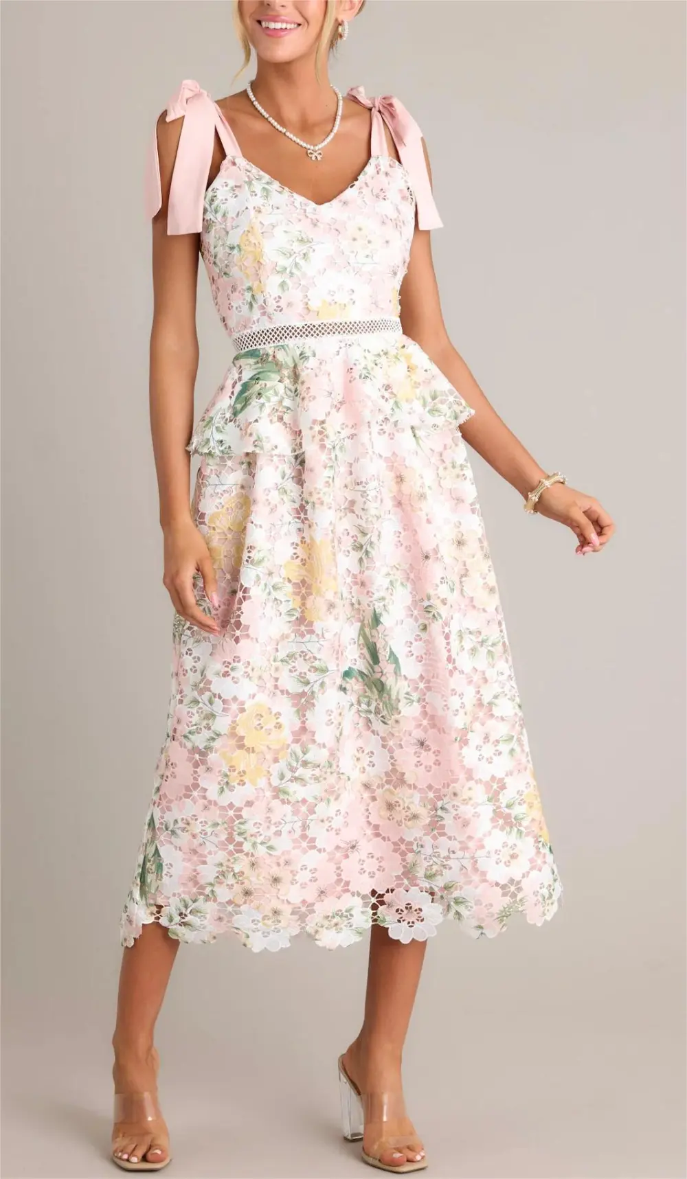 REMEMBERING SPRING PEACH LACE FLORAL MIDI DRESS