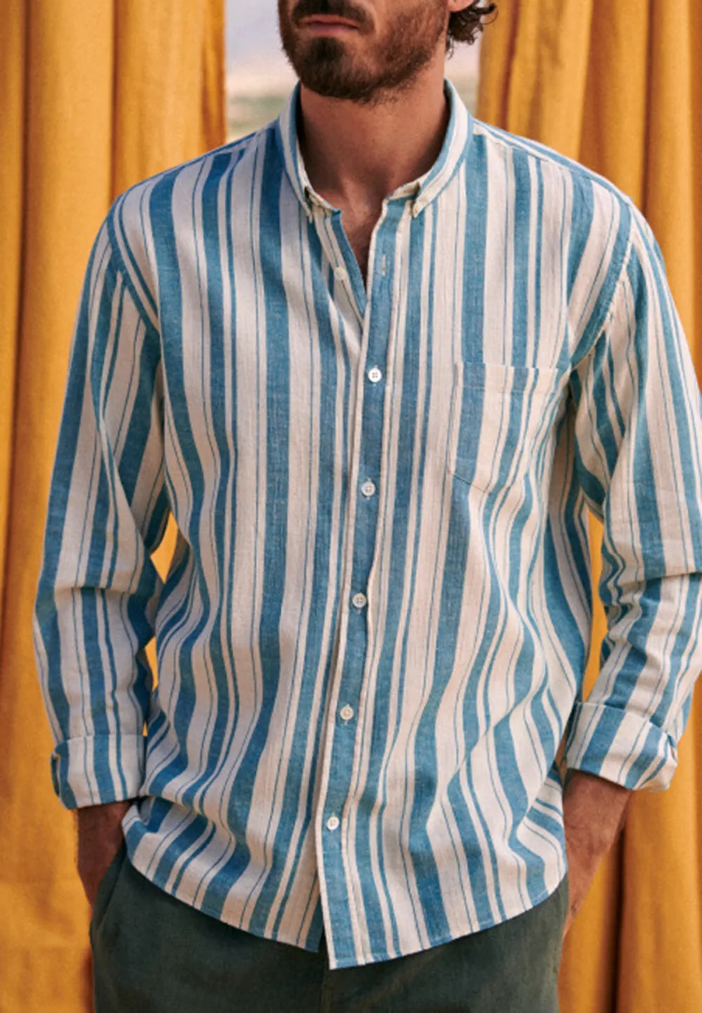 Cotton Linen Charlie Shirt-Ecru Turquoise Stripes