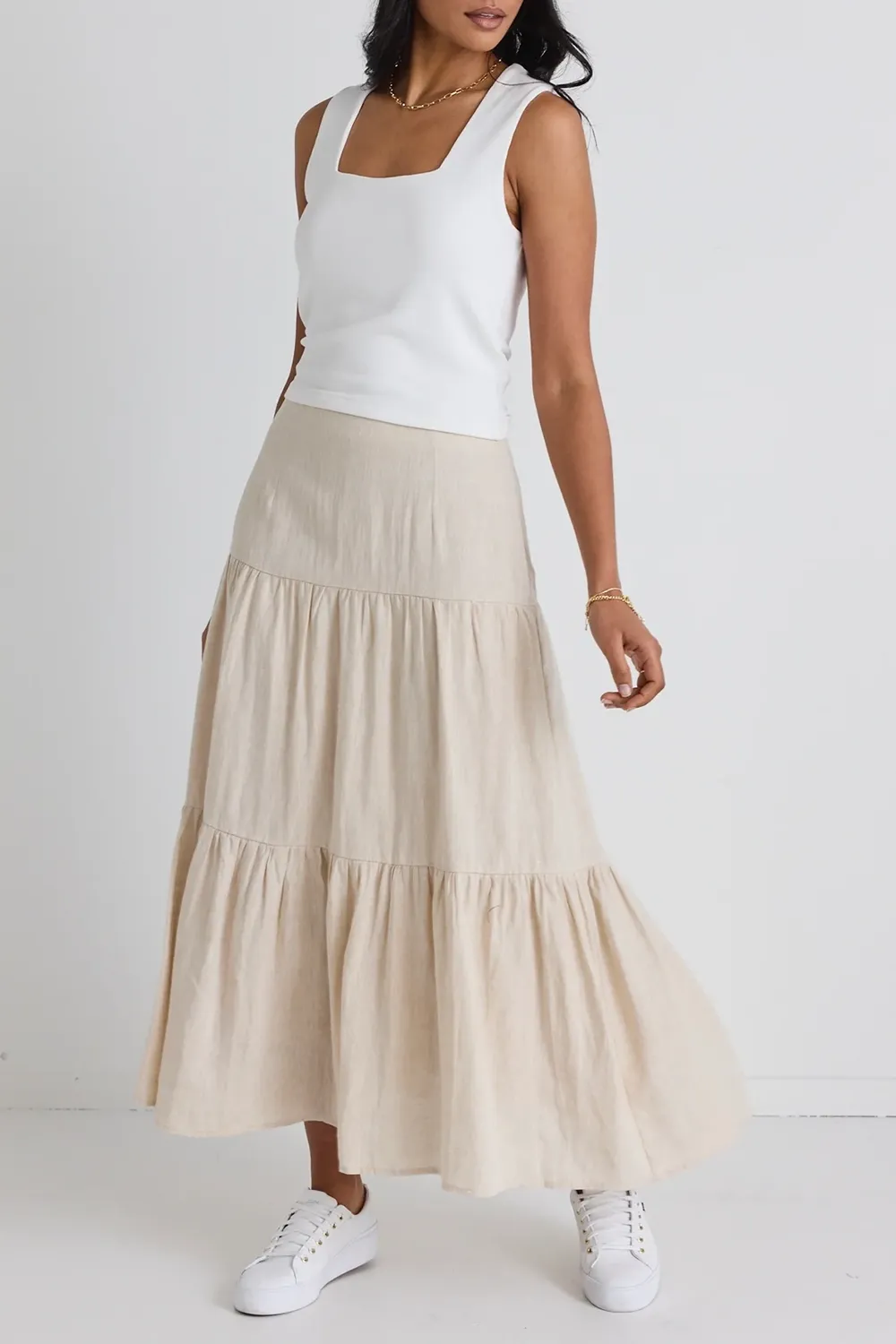 Blazing Sand Tiered Linen Midi Skirt