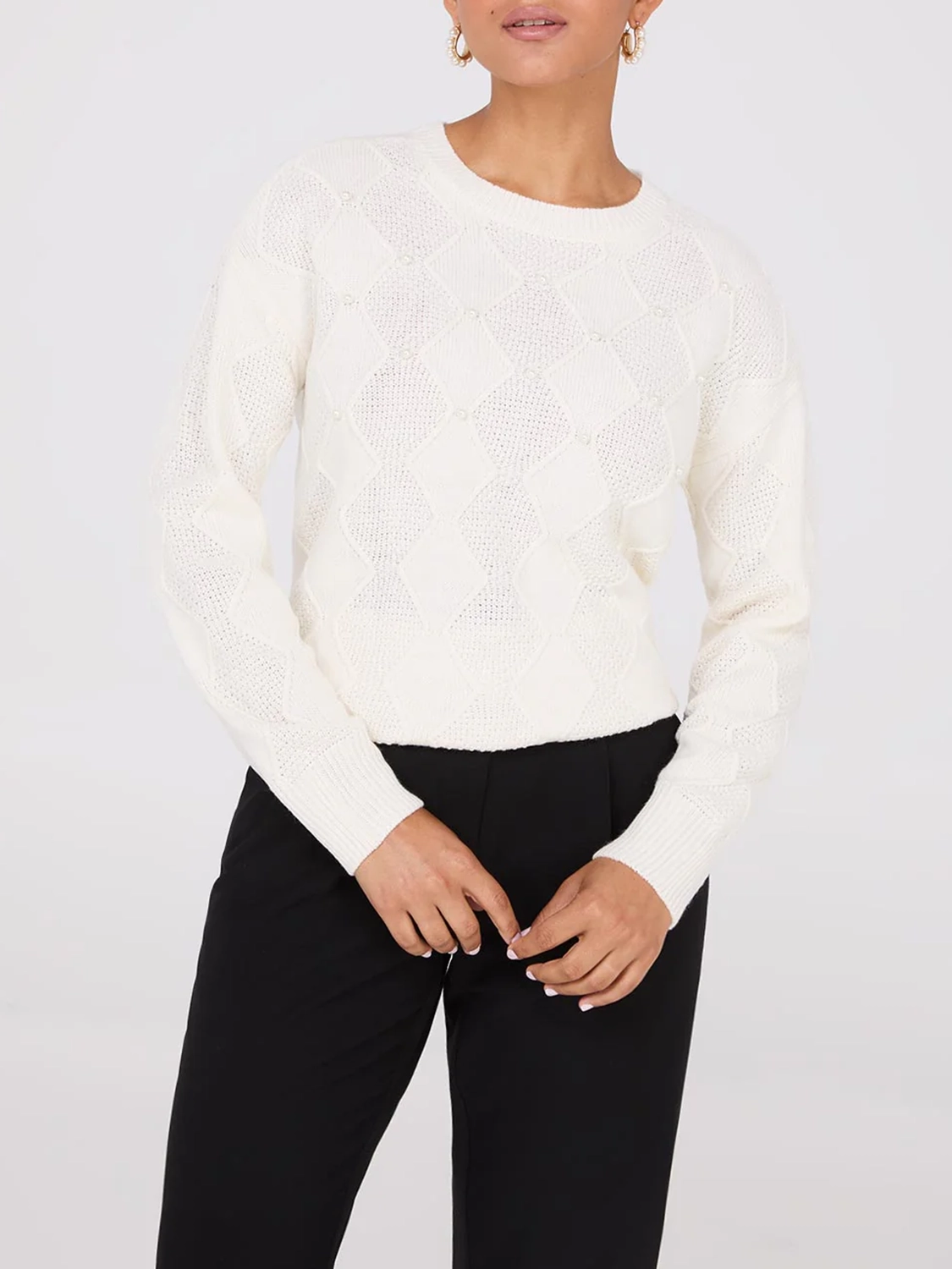 Pearl Embellished Diamond Cable Sweater