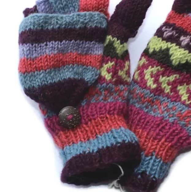 winter stripe fingerless gloves with mitten flap