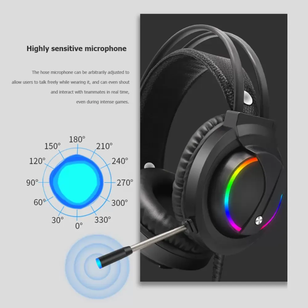 Ergonomic design wired USB headset with RGB colorful game headset, built-in microphone, suitable for laptop and desktop