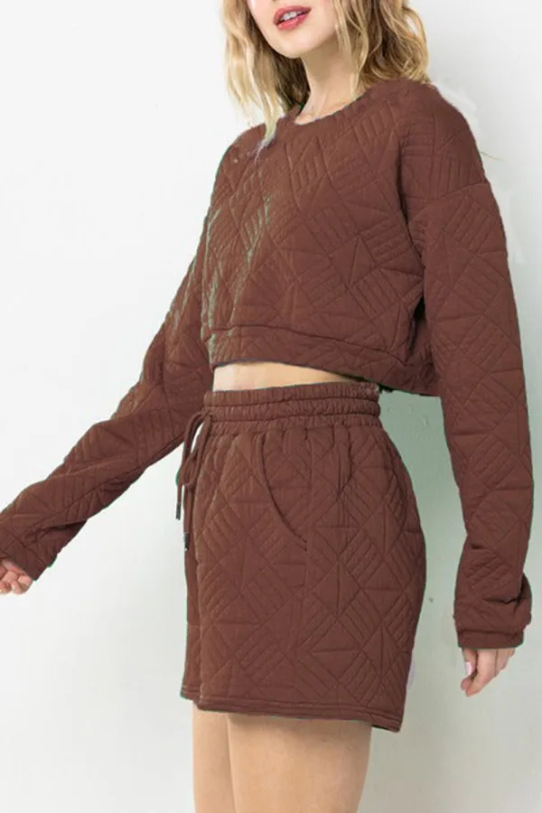 BROWN QUILTED CROP TOP AND SHORTS SET