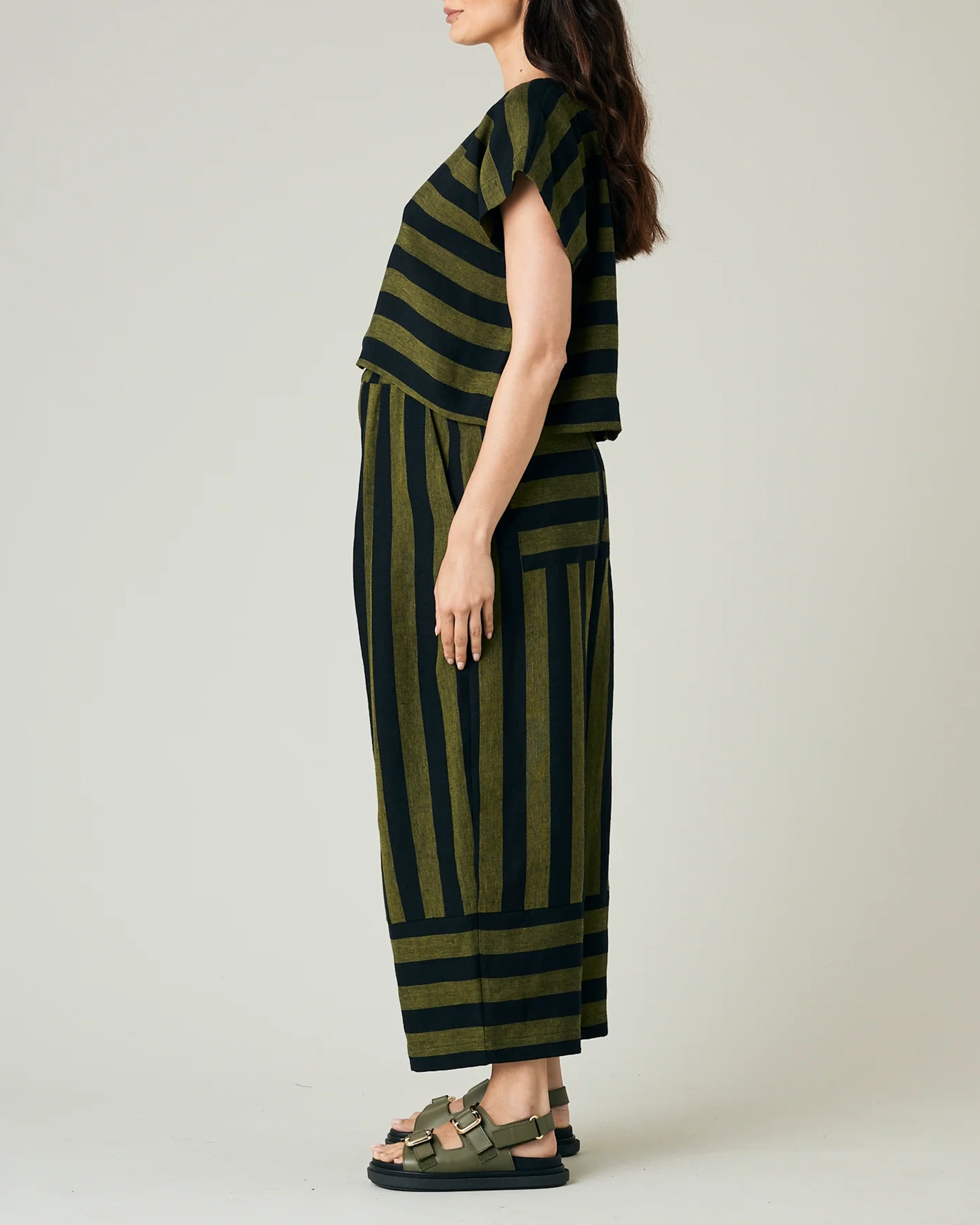 BOBBI BLACK & OLIVE STRIPE LINEN TROUSERS