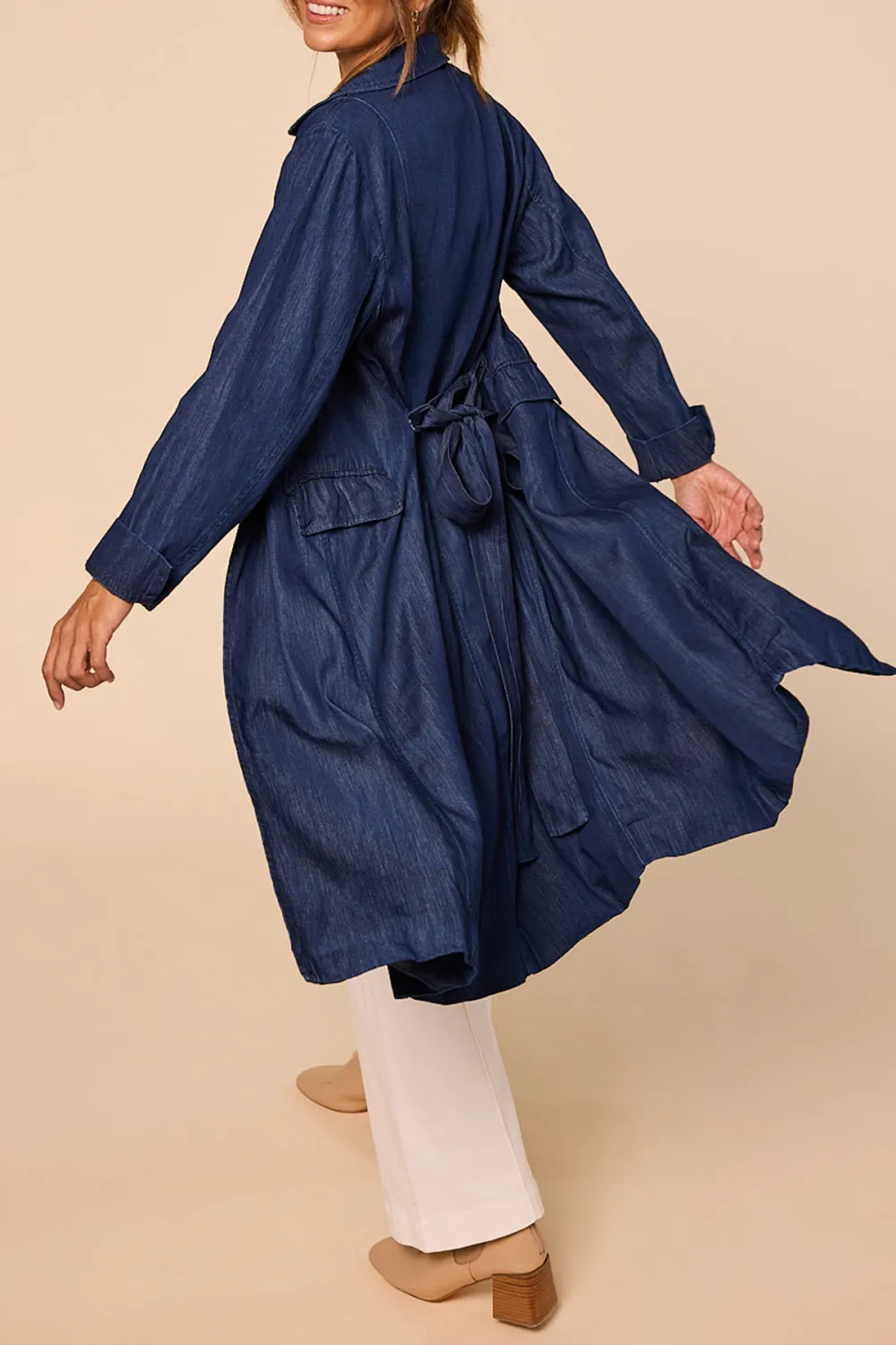 Avalee Long Line Tencel Trench Coat In Dark Wash