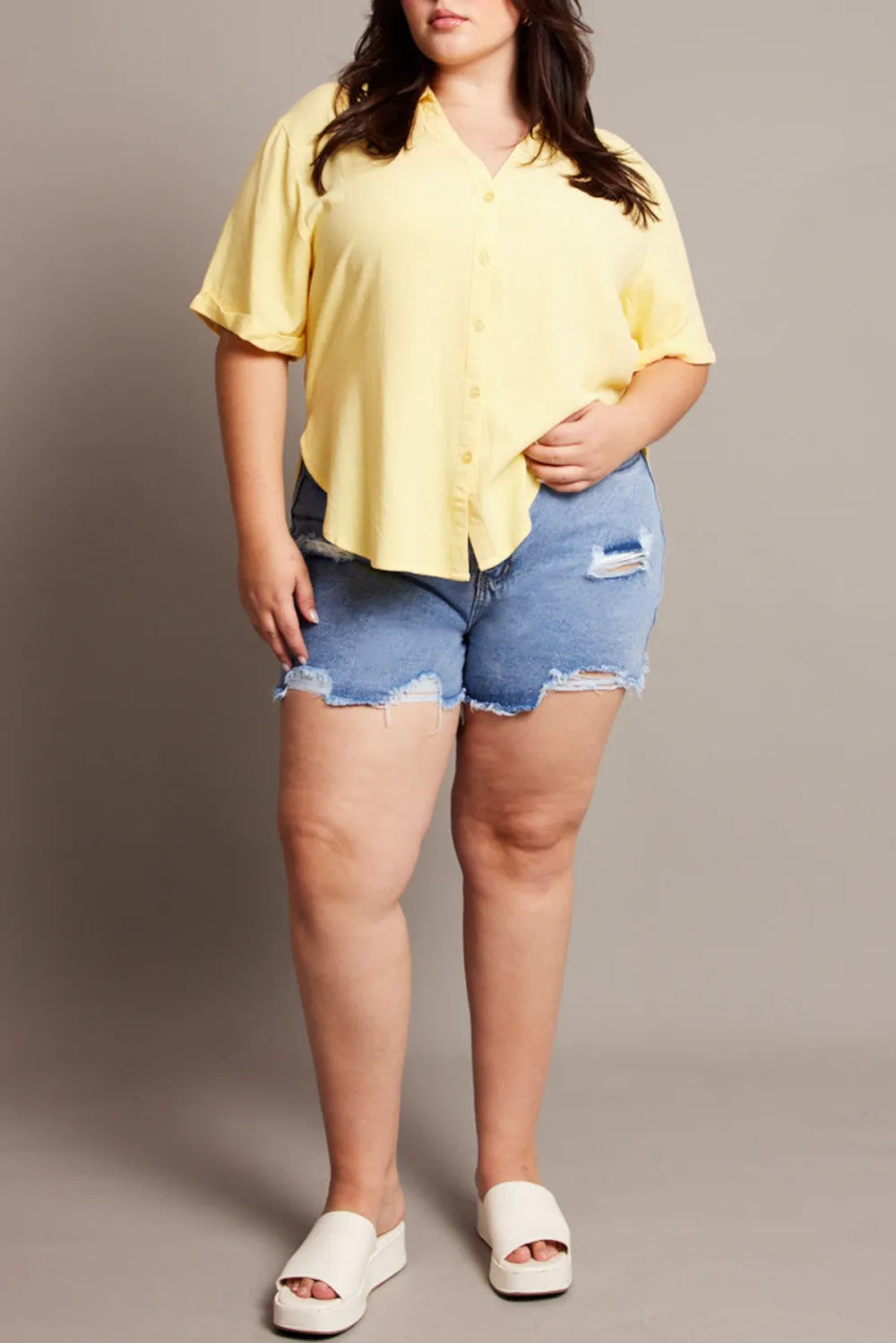 Yellow Relaxed Shirt Short Sleeve Linen Blend