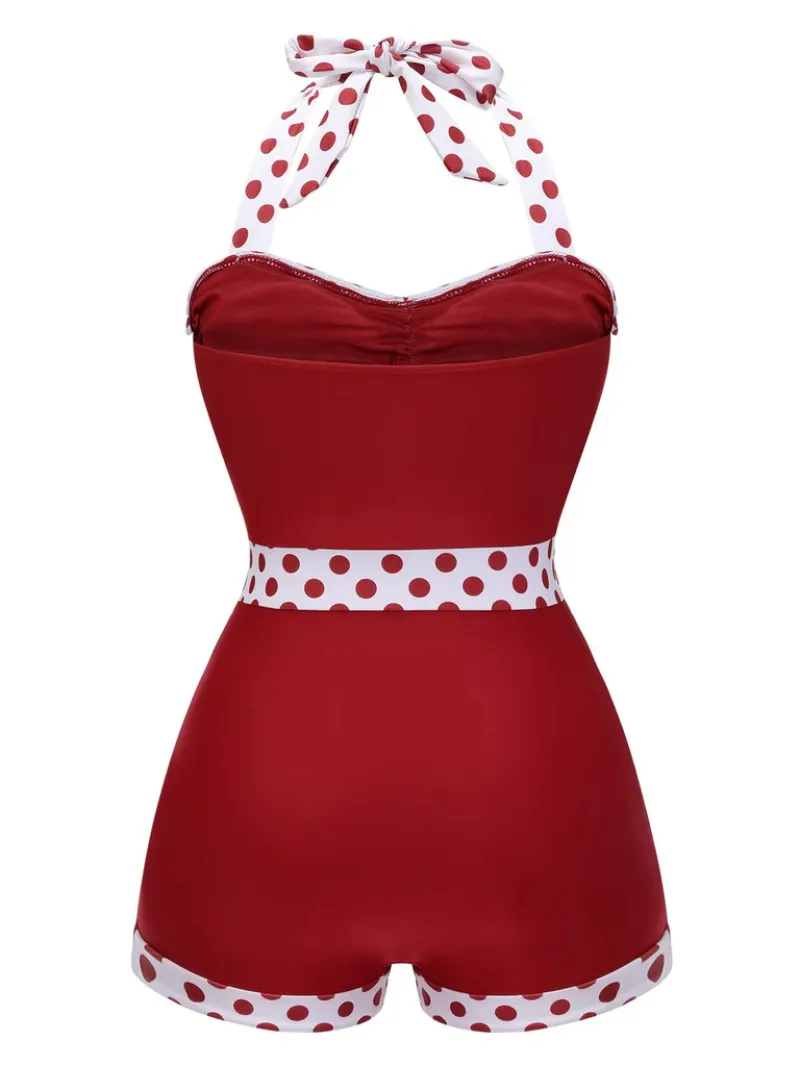 RED 1940S HALTER PATCHWORK ONE-PIECE SWIMSUIT