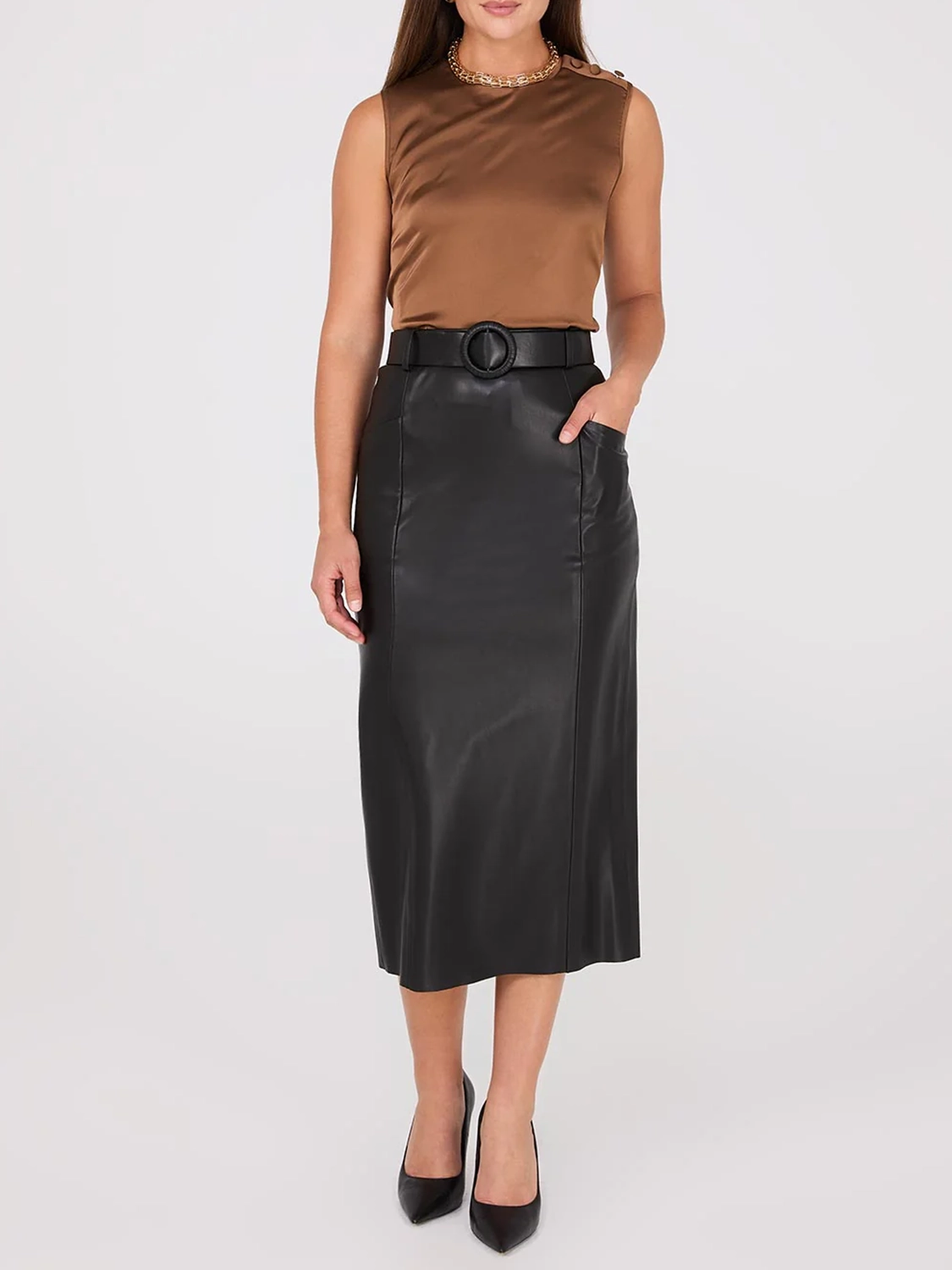 Faux Leather Belted Pencil Skirt