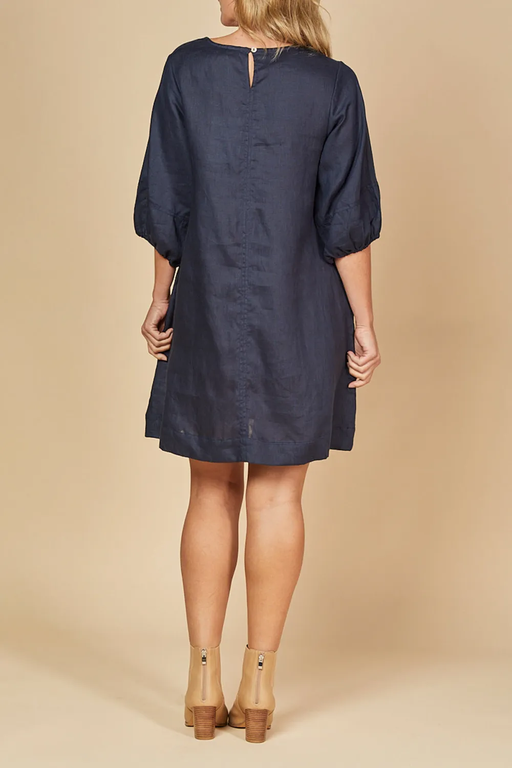 Hazel Short Linen Shift Dress in Navy