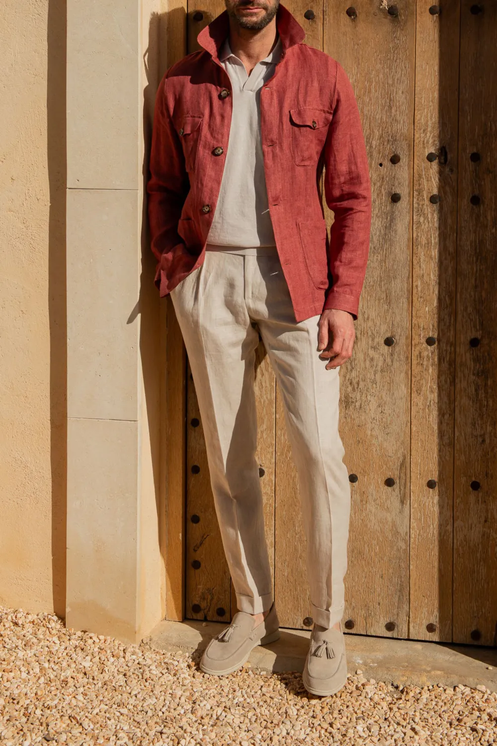 Red Herringbone Linen Safari Jacket