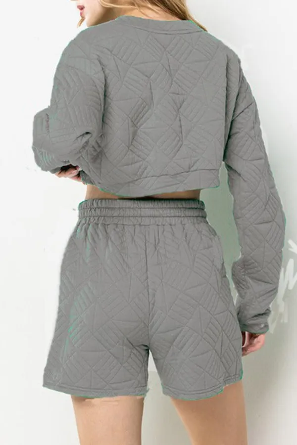 GREY QUILTED CROP TOP AND SHORTS SETS