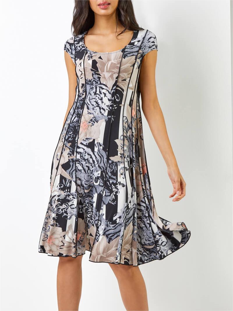 Black Abstract Floral Print Panel Dress