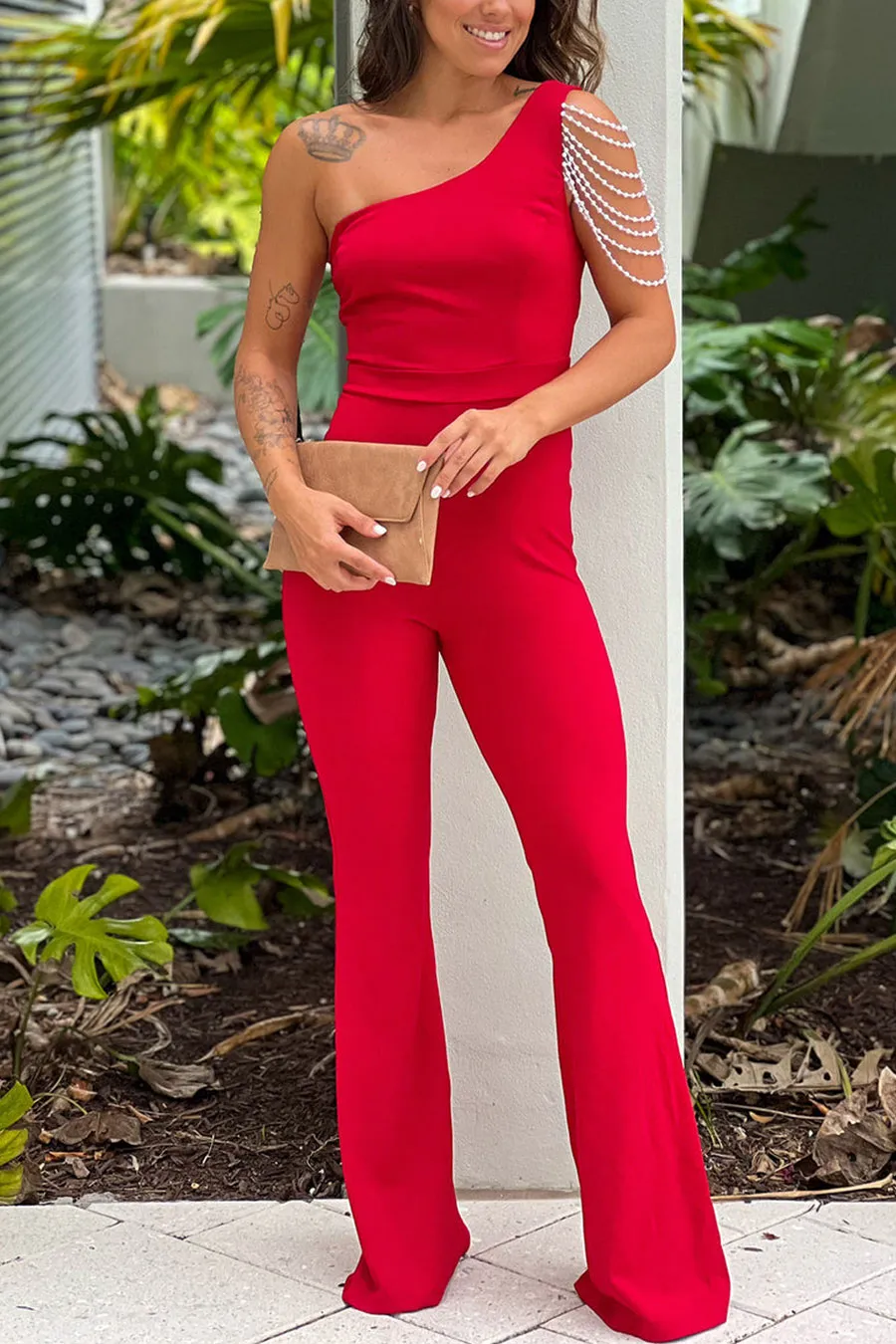 Red One Shoulder Jumpsuit With Faux Pearl Detail