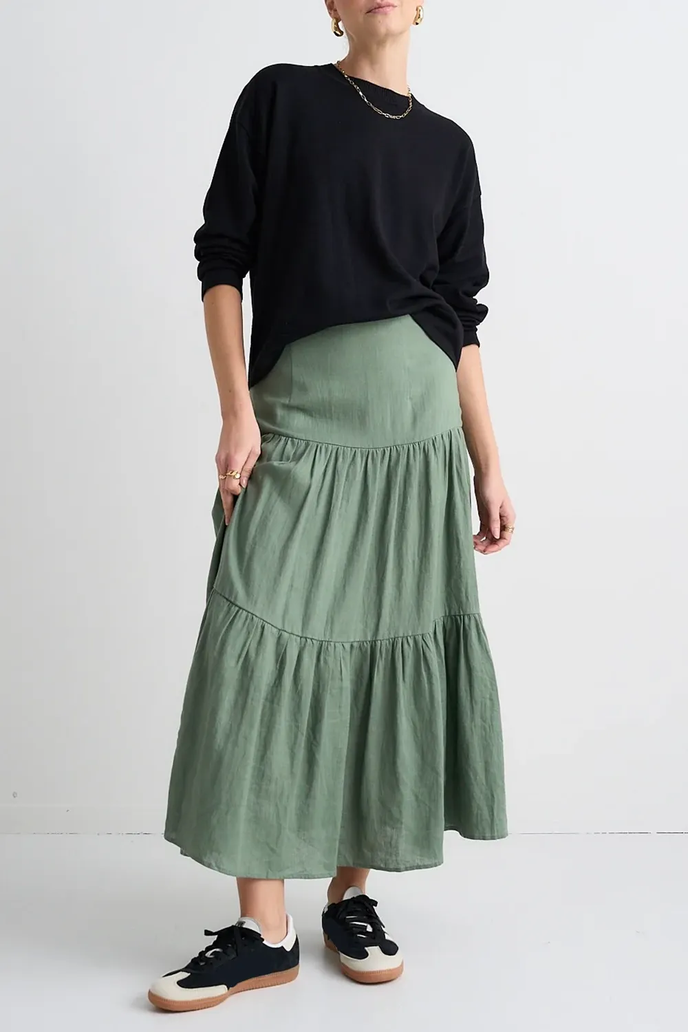 Blazing Moss Tiered Linen Midi Skirt